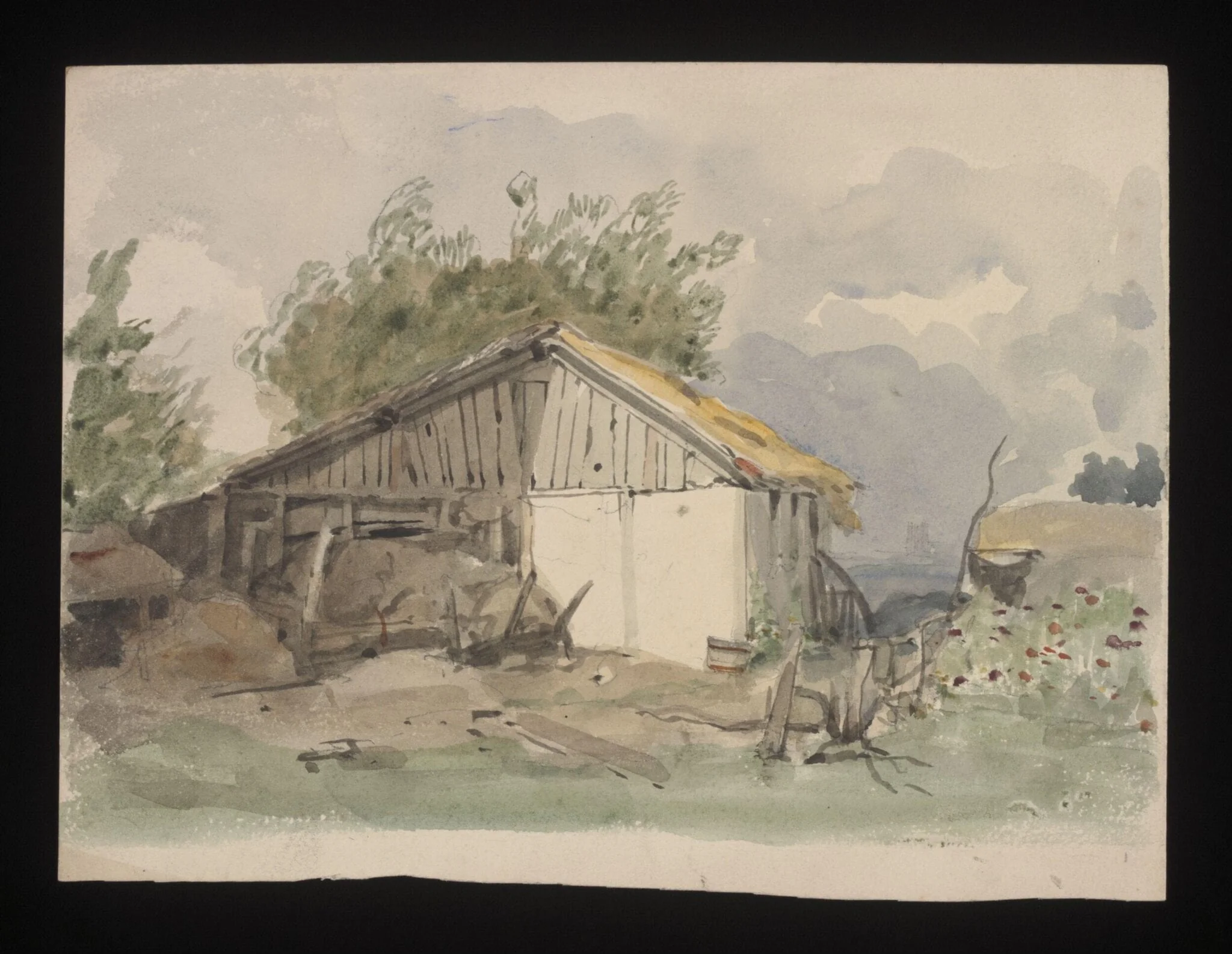 Watercolour drawing by the Grieve family, probably by Thomas Grieve, showing a hut at Margate