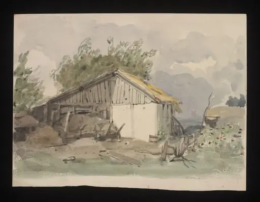 Watercolour drawing by the Grieve family, probably by Thomas Grieve, showing a hut at Margate