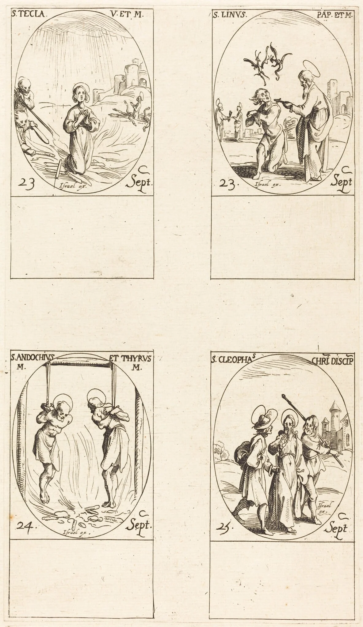 St. Thecla; St. Linus; Sts. Andochius and Thyrsus; St. Cleophas, by Jacques Callot, ink, 1634