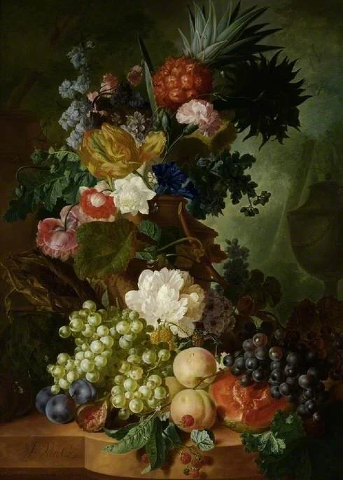 Vase of flowers and fruit