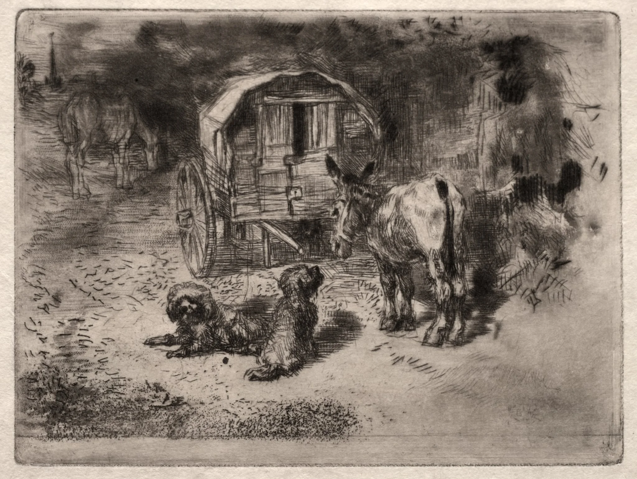 The Guardians of the House, or the Friends of the Saltimbanque, by Félix-Hilaire Buhot, 1875