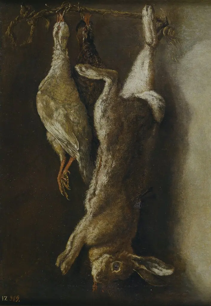 Kitchen still life with a hare and two partridges