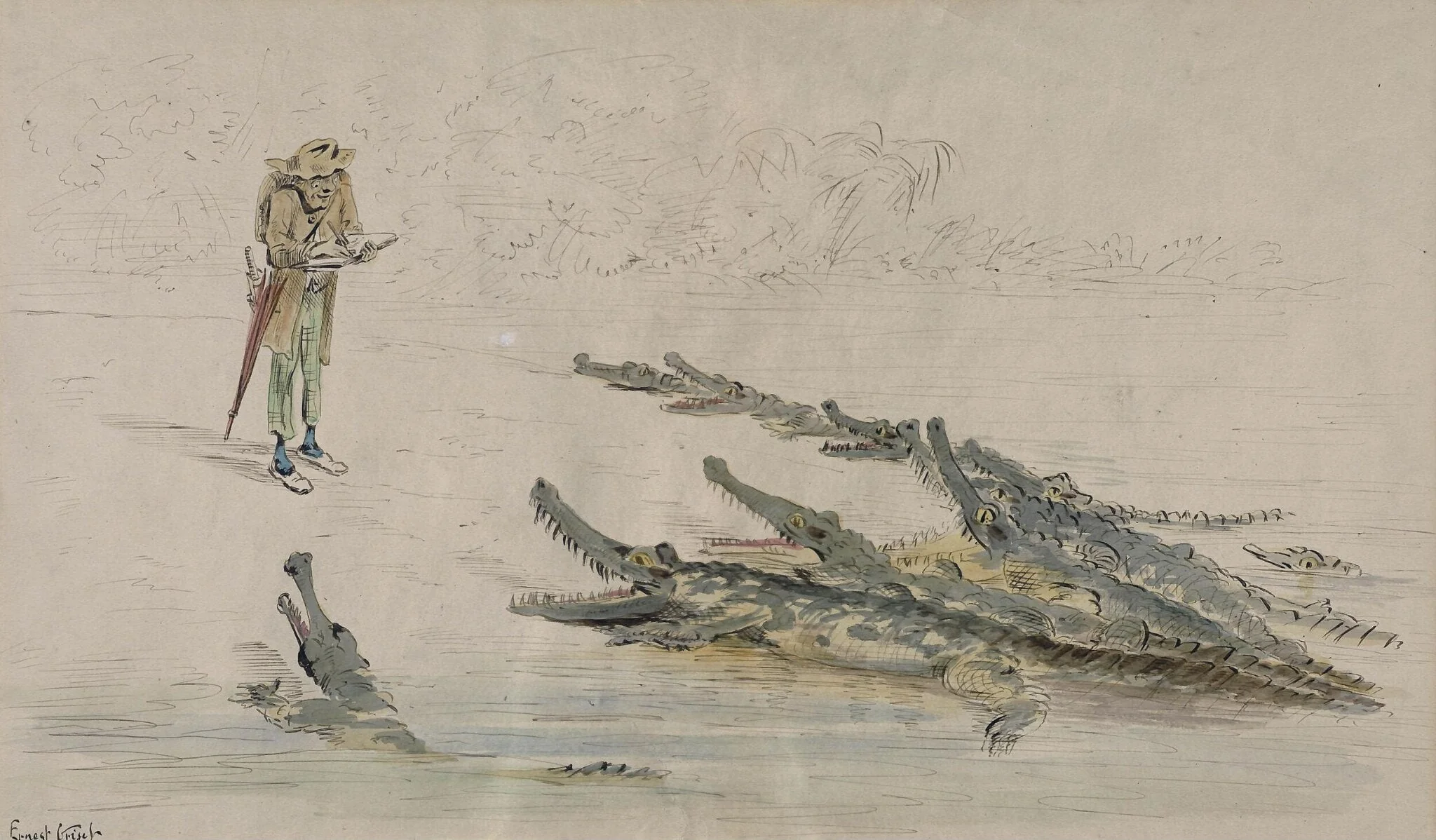 A traveller confronted by crocodiles