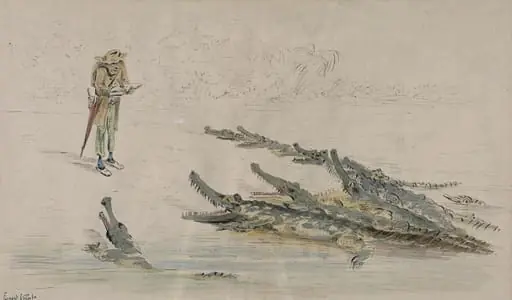 A traveller confronted by crocodiles