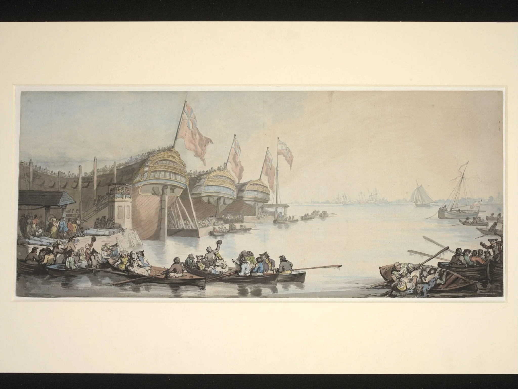 George III launching three frigates at Deptford, by Thomas Rowlandson, watercolor, 1780