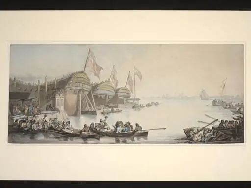 George III launching three frigates at Deptford