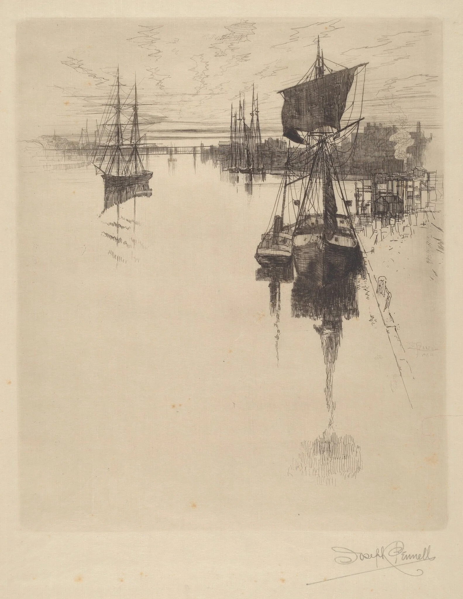 Below Chestnut St. Bridge, Philadelphia, by Joseph Pennell, ink, 1884