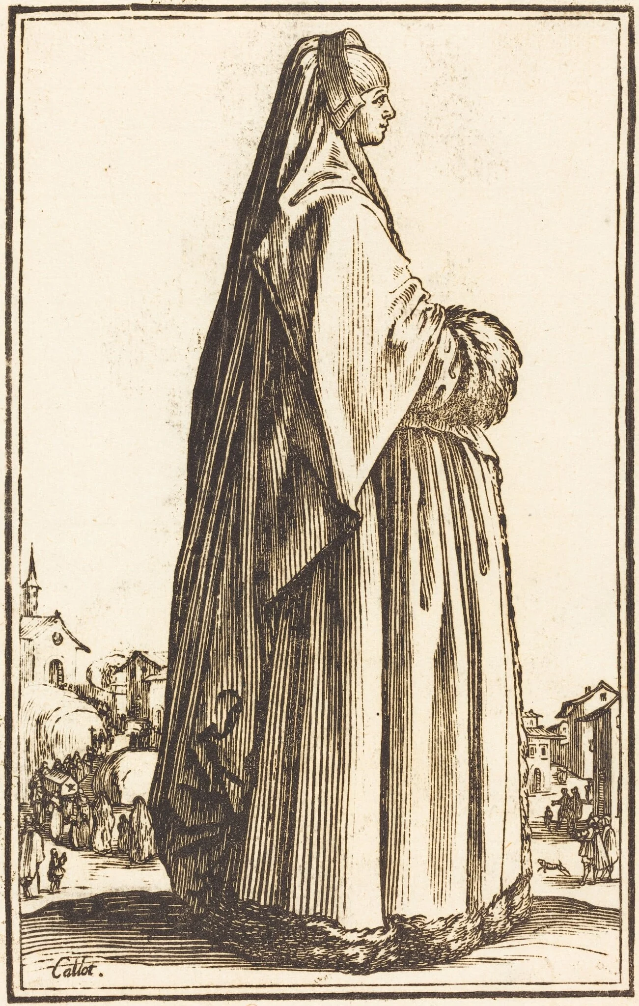 Noble Woman Wearing a Veil and a Dress Trimmed in Fur, by French 17th Century, ink, 1623