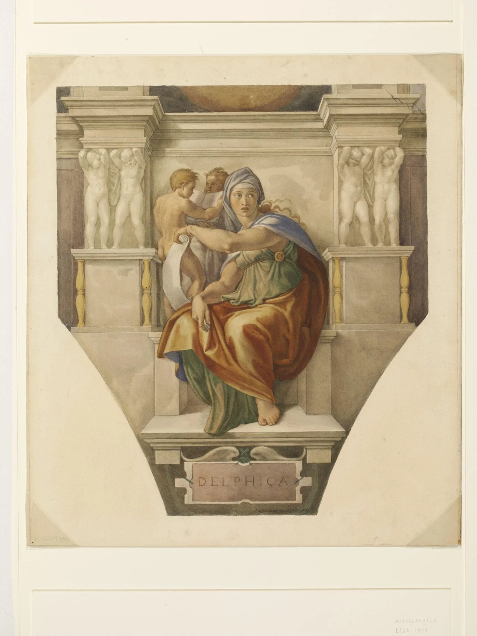 Copy after Michelangelo’s fresco of the ‘Delphic Sibyl’ on the Sistine Chapel vault (Sistine Chapel, Rome, 1511-1512)., by Cesari Mariannecci, watercolor, 1867