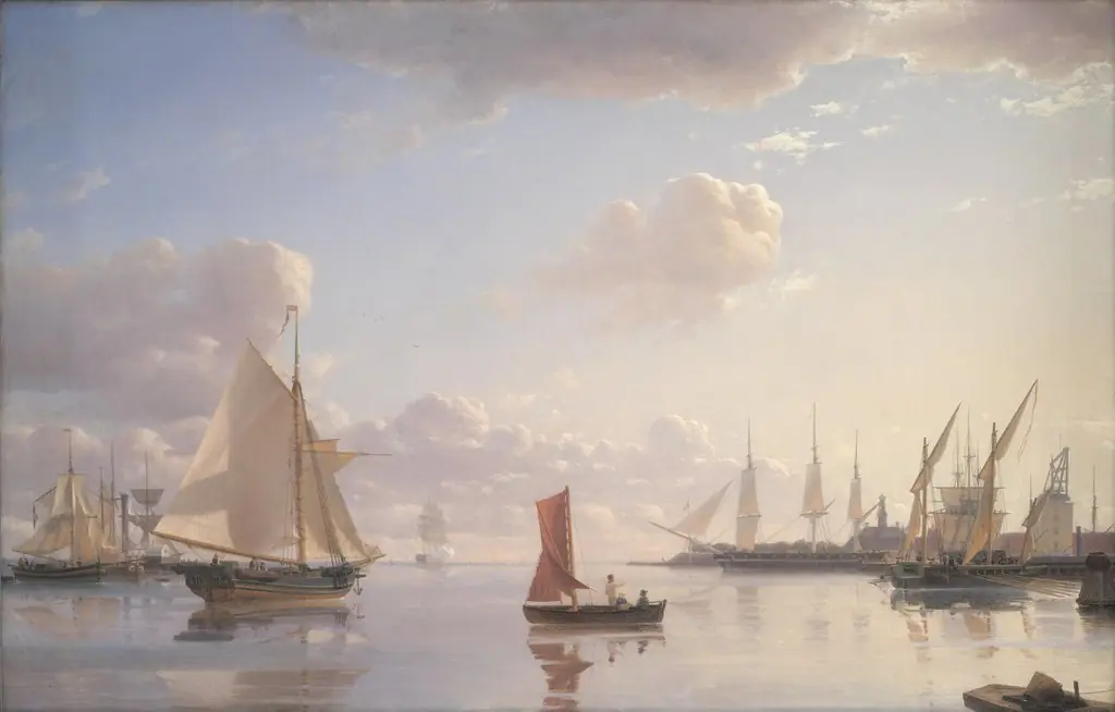 View from Langelinie towards the Royal naval Dockyards at Nyholm, Copenhagen. Morning Light