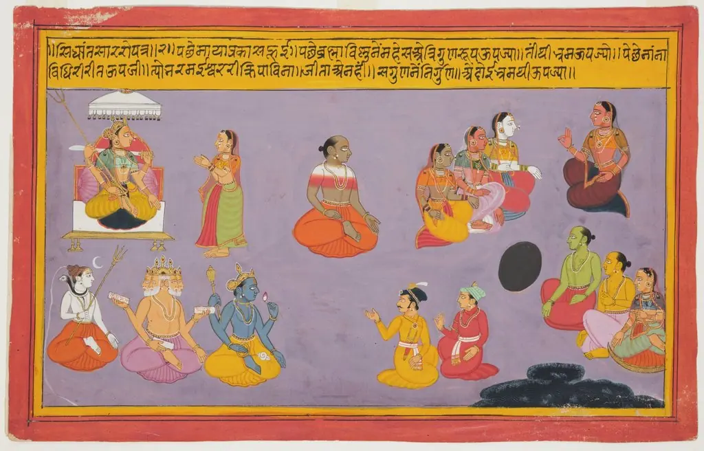 Gods and Brahmins Worshipping Durga, from the Bhagavata Purana (1 of 3)