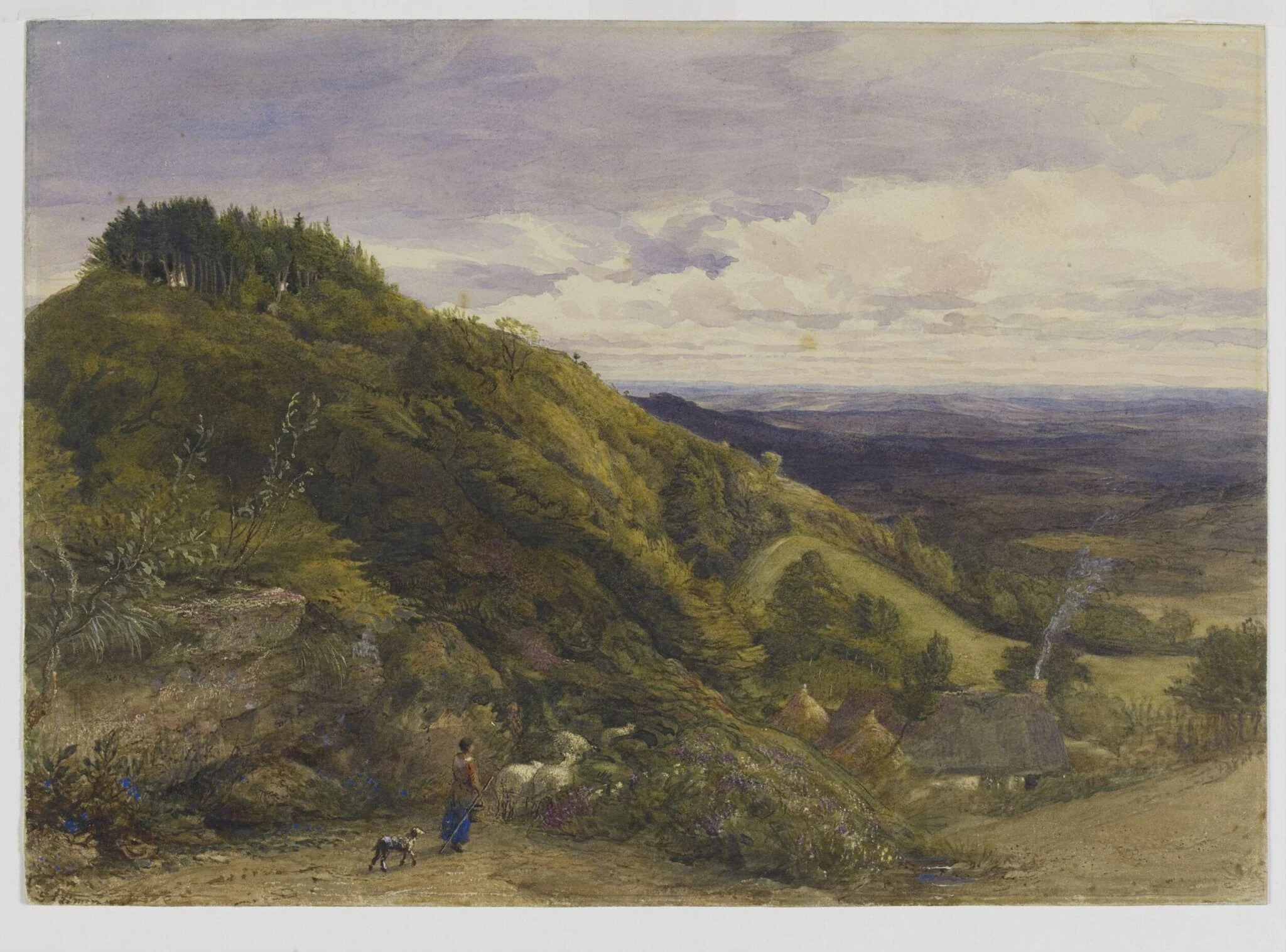 Landscape with a woman driving sheep, by Samuel Palmer, watercolor, 1850