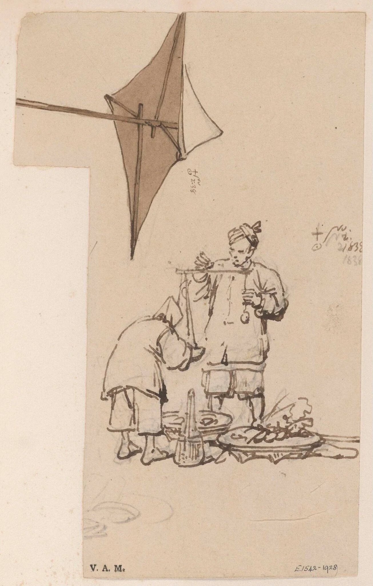 A Chinese vendor weighing his produce, and a sunshade, by George Chinnery, 3