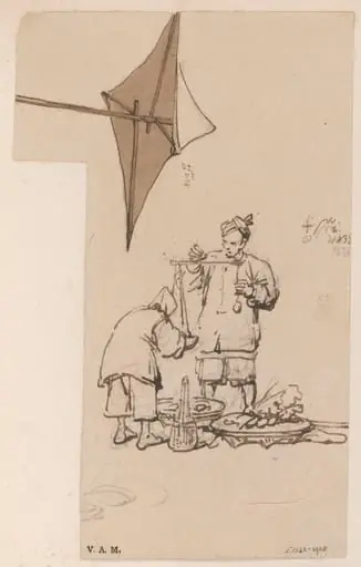 A Chinese vendor weighing his produce, and a sunshade