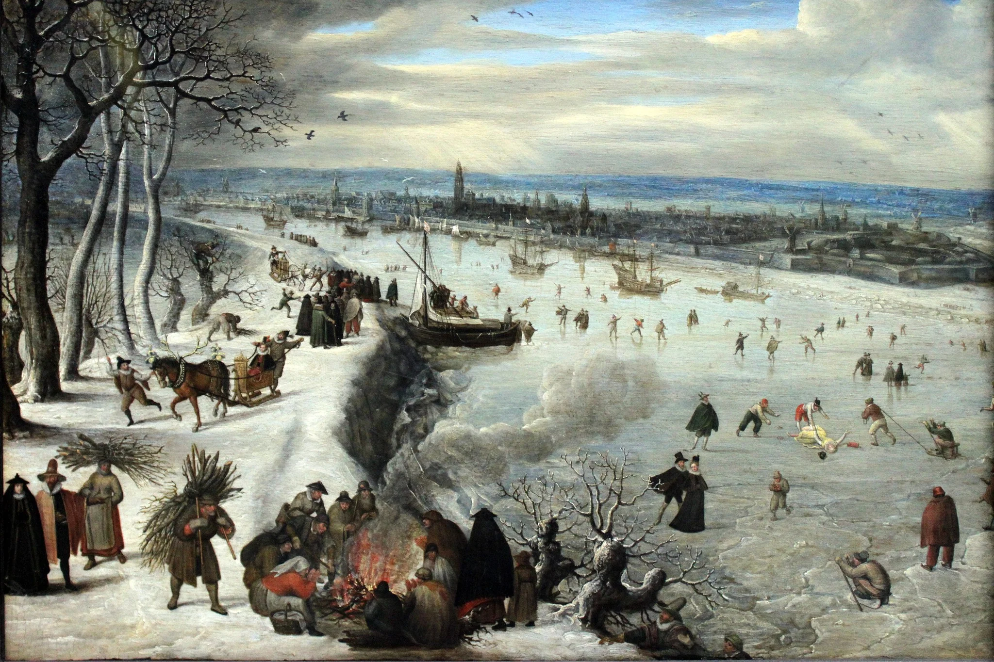 Zicht op Antwerpen met de bevroren Schelde, by Lucas van Valckenborch, oil, 1597