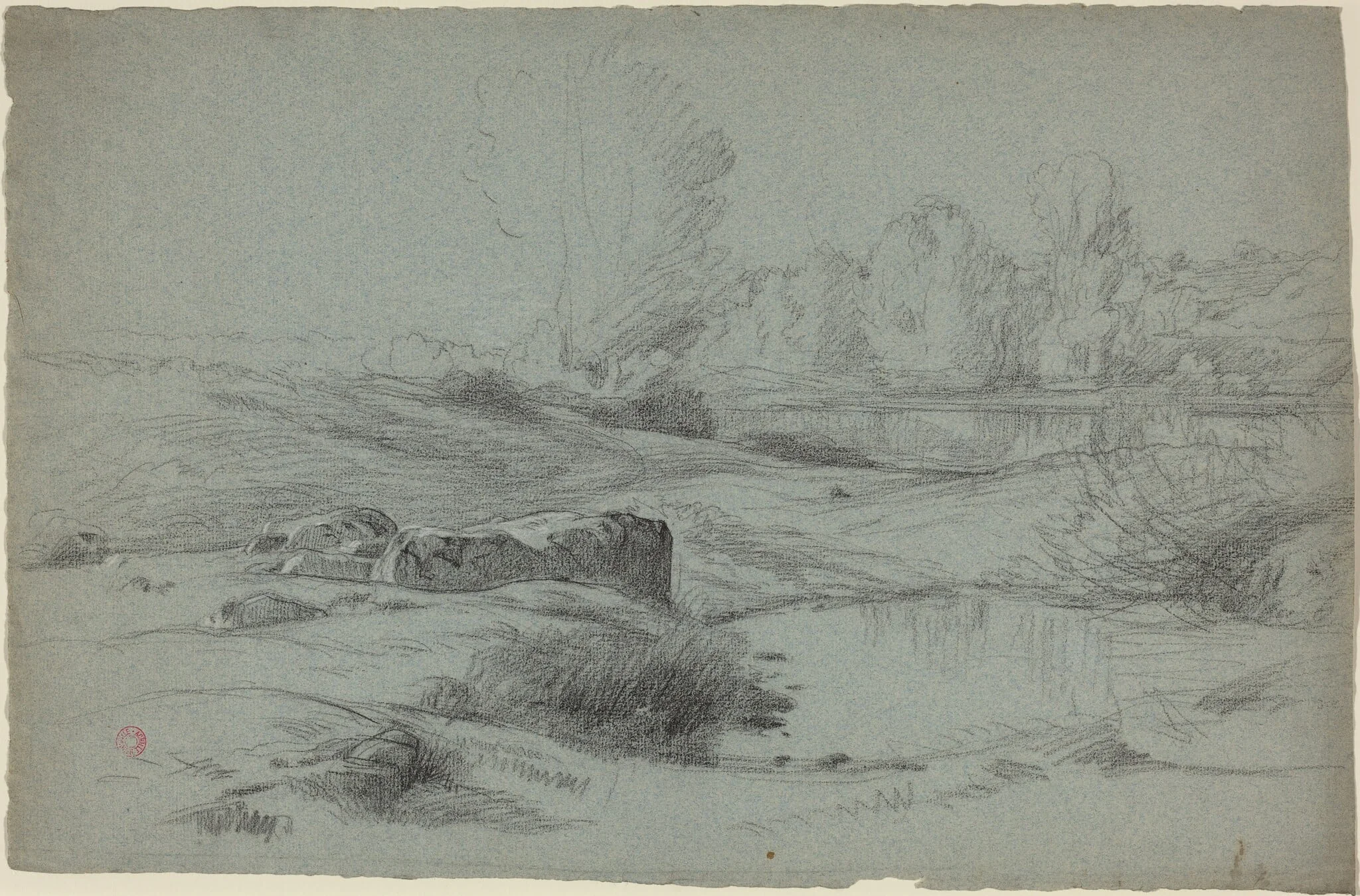 A Rocky Meadow by a River, by Jean Achille Benouville, chalk, 1840