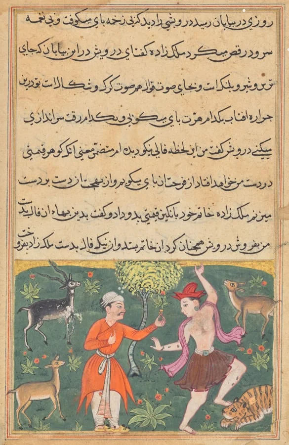 The prince meets a carefree dancing dervish whose good fortune he purchases for his ring, from a Tuti-nama (Tales of a Parrot): Eighteenth Night, by Unknown, unspecified, 1560