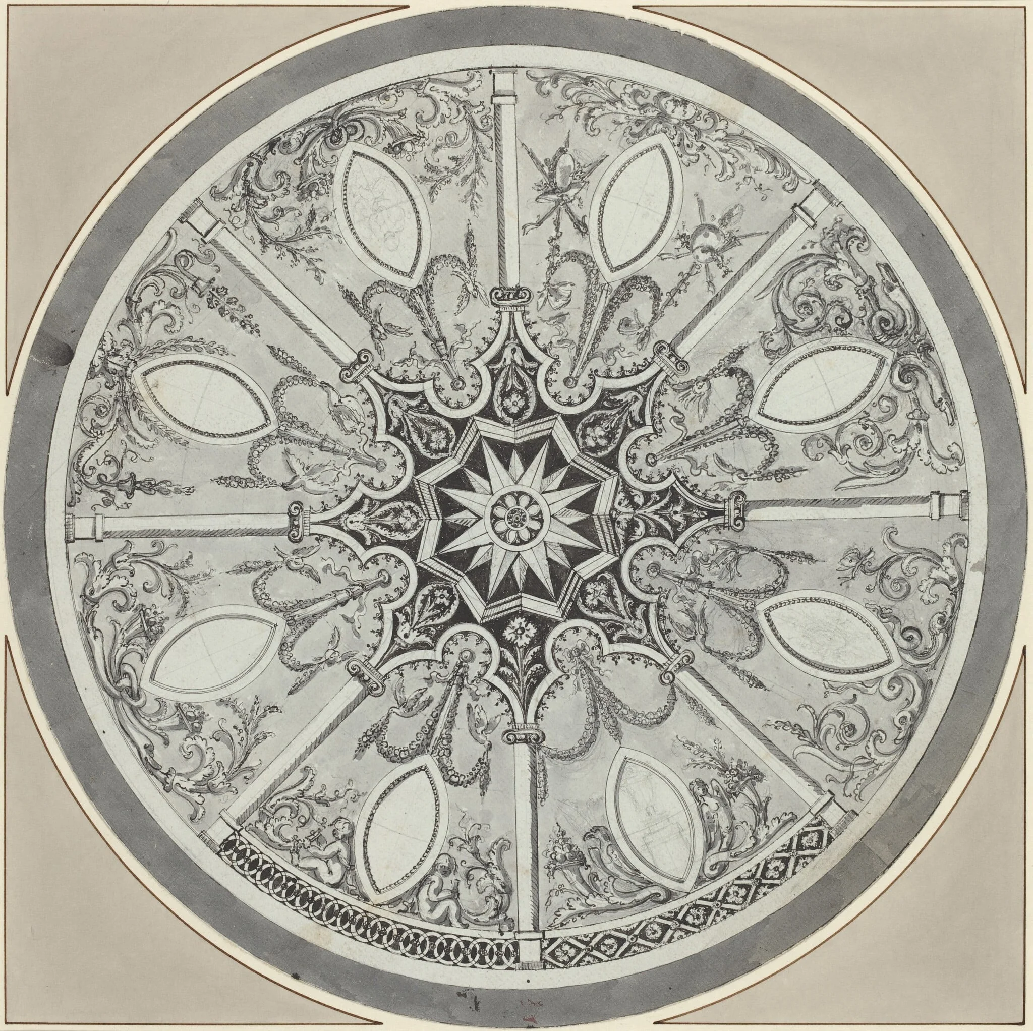 Design for an Inlaid Circular Table Top, with Alternatives, by Italian 18th Century, ink, 1800