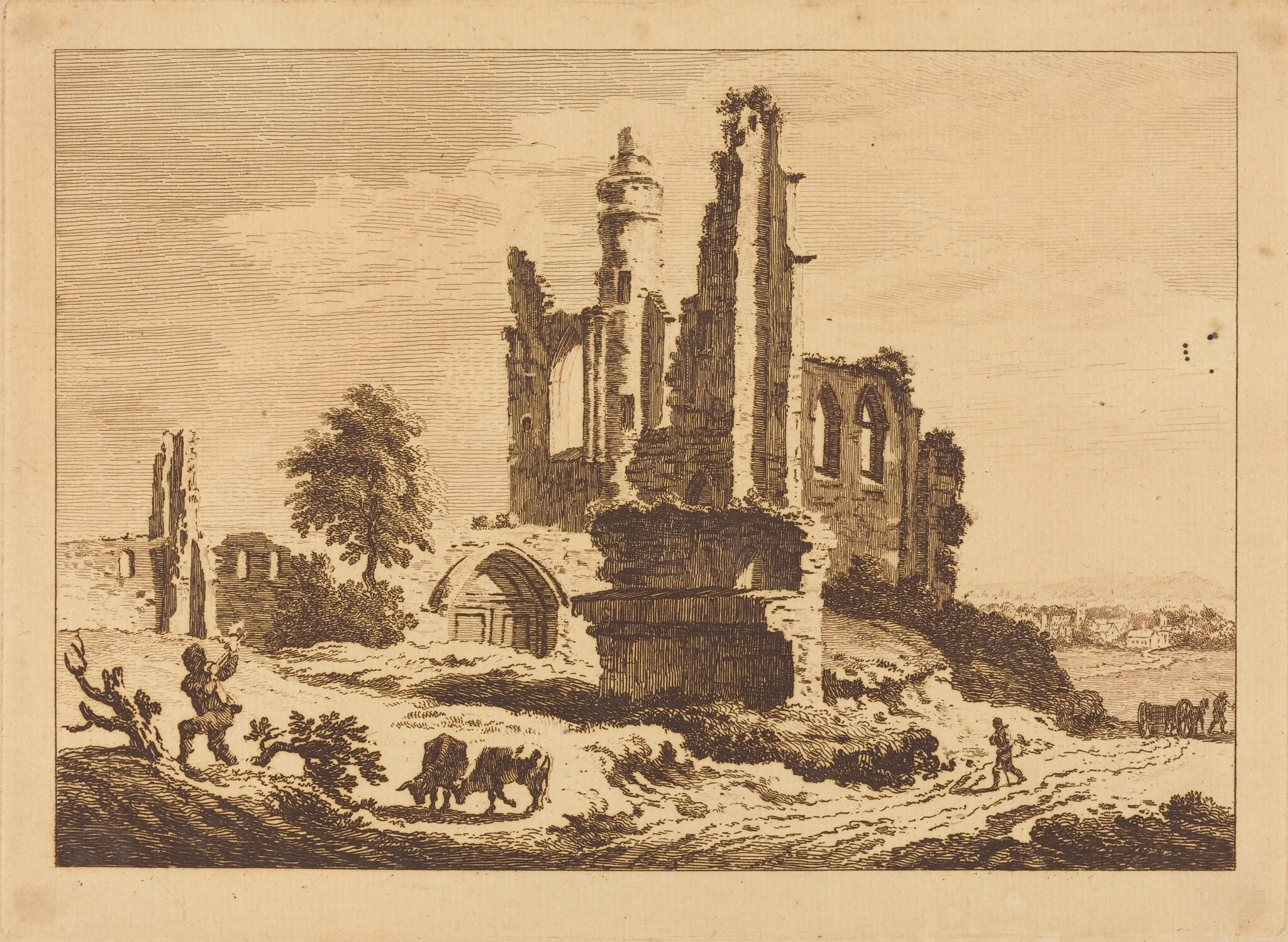 Ruined Abbey with Cattle and a Man Chopping Wood, by Paul Sandby, ink, 1758