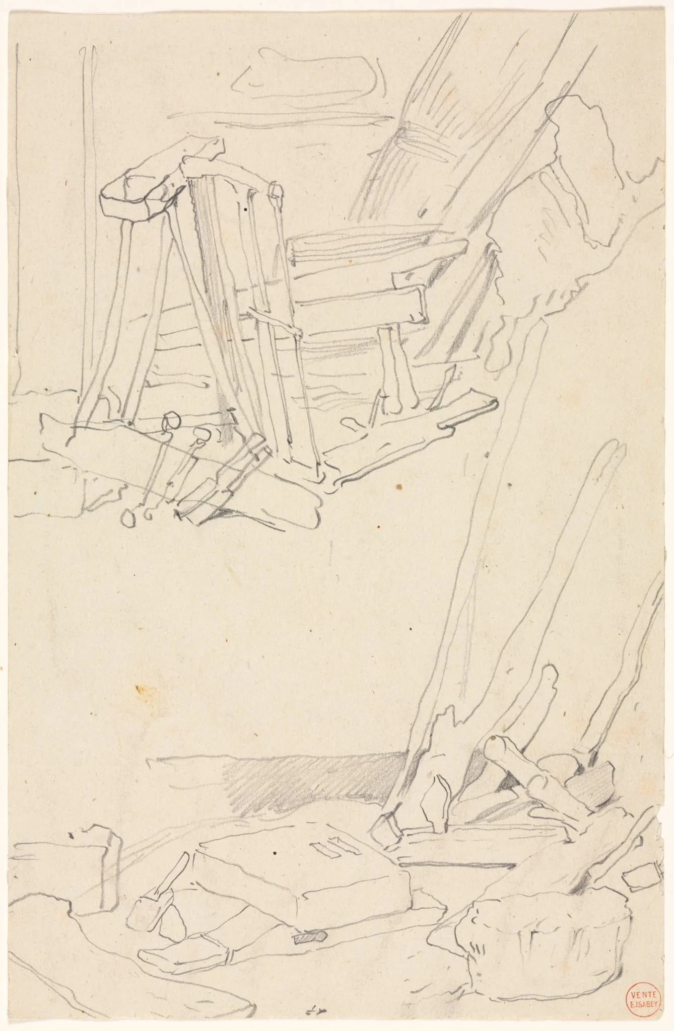Studies of Wood and Farm Implements, by Eugène Isabey, 1855