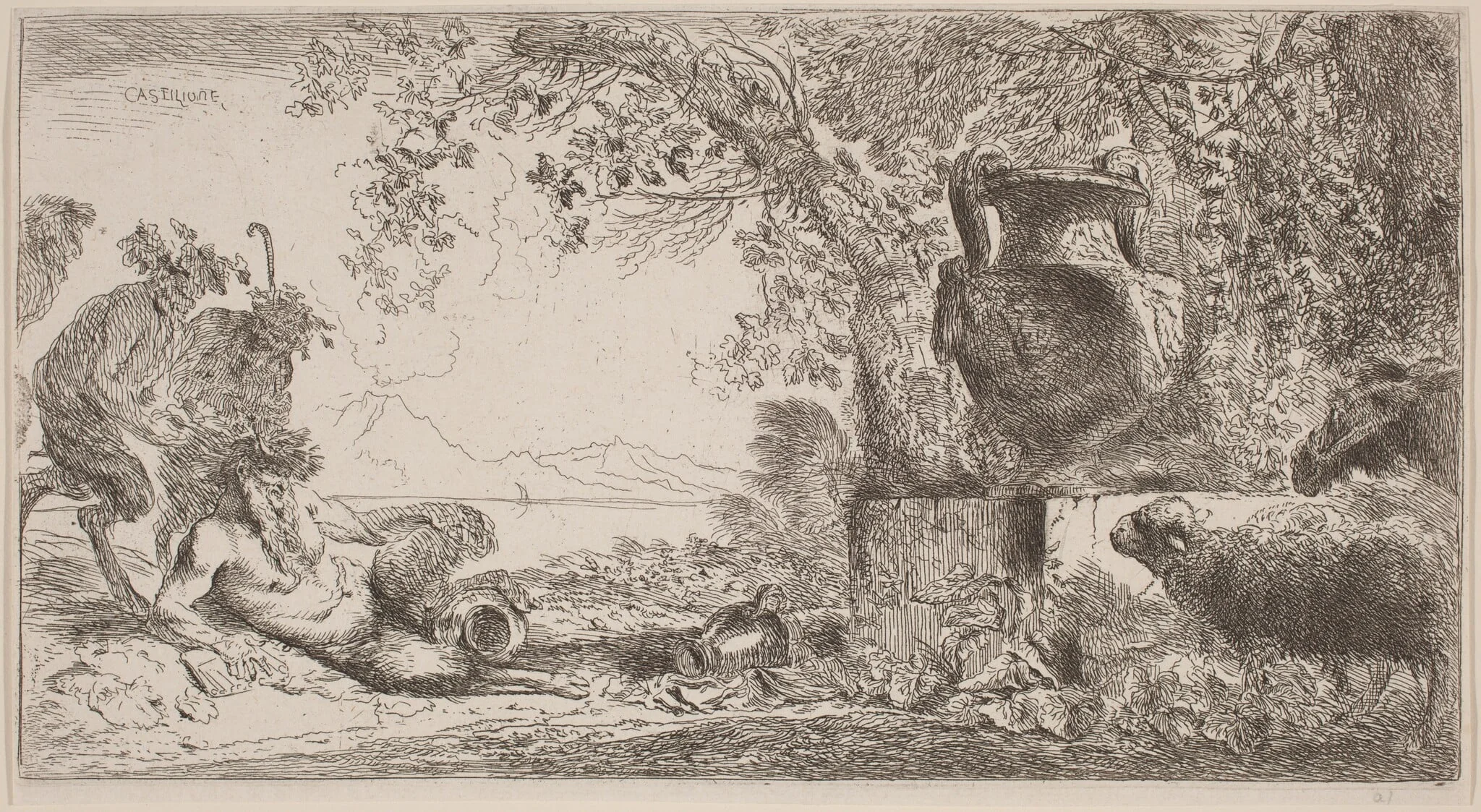 Pan Reclining before a Large Vase, by Giovanni Benedetto Castiglione, ink, 1642