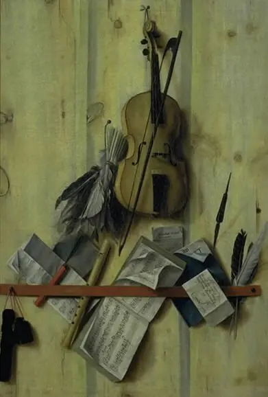Trompe l'oeil with Violin, Music Book and Recorder