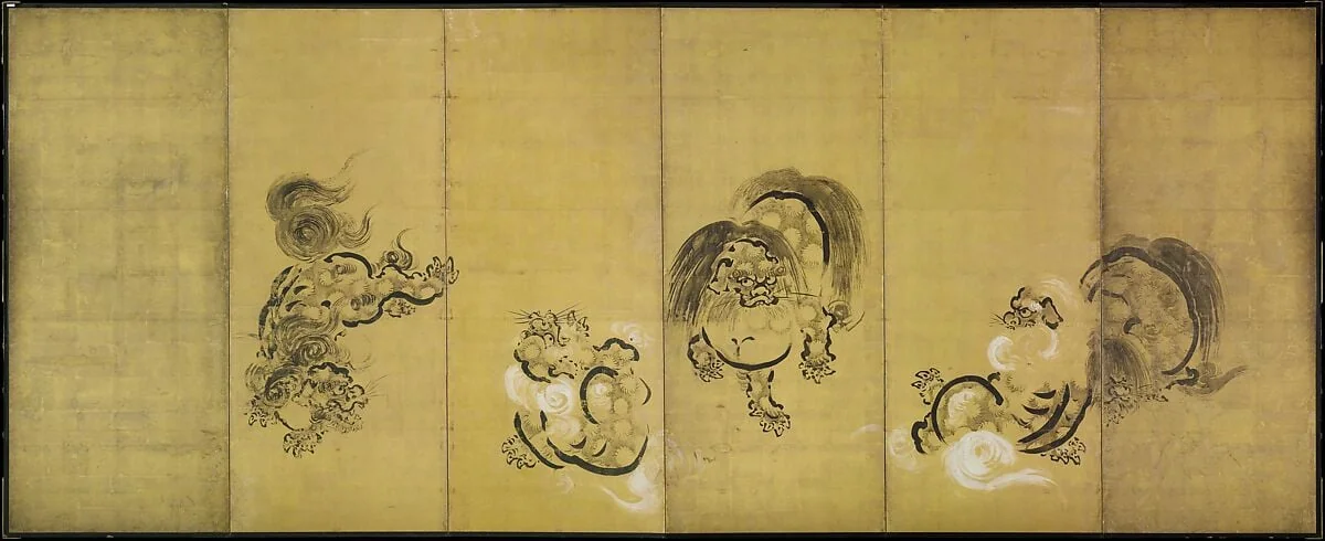 舞楽図屏風 ・唐獅子図屏風|Bugaku Dances (front); Chinese Lions (reverse), by Hanabusa Itchō, ink, 1716