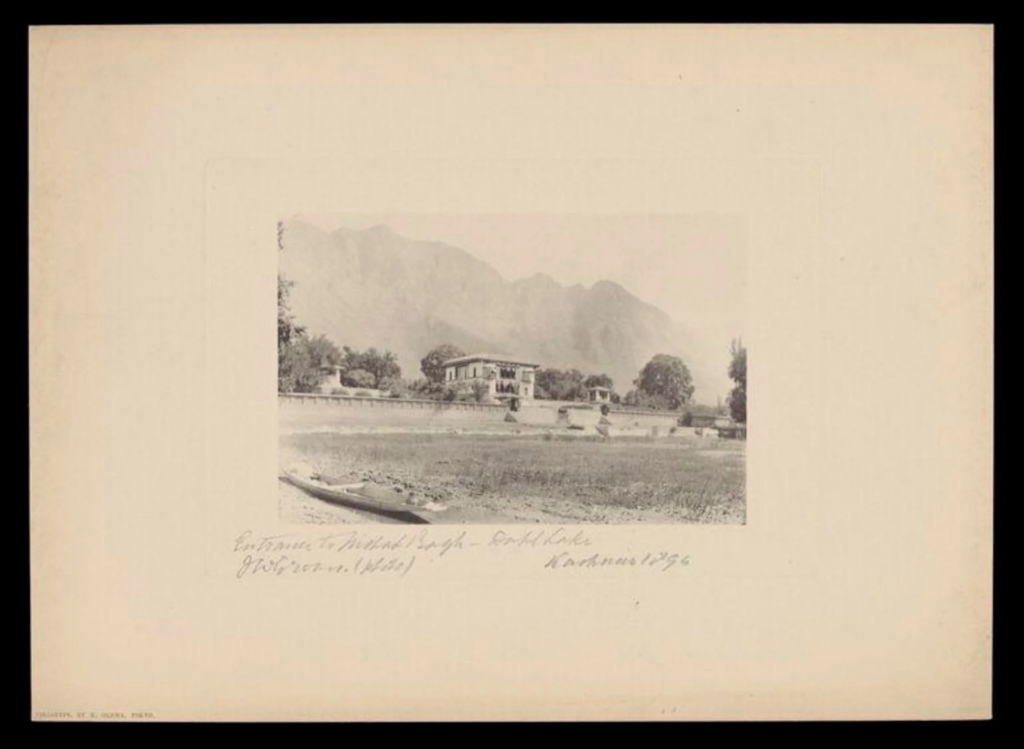 Entrance to Nishat Bagh, Dahl Lake, Kashmir, by J.W. Groves, photographic, 1894