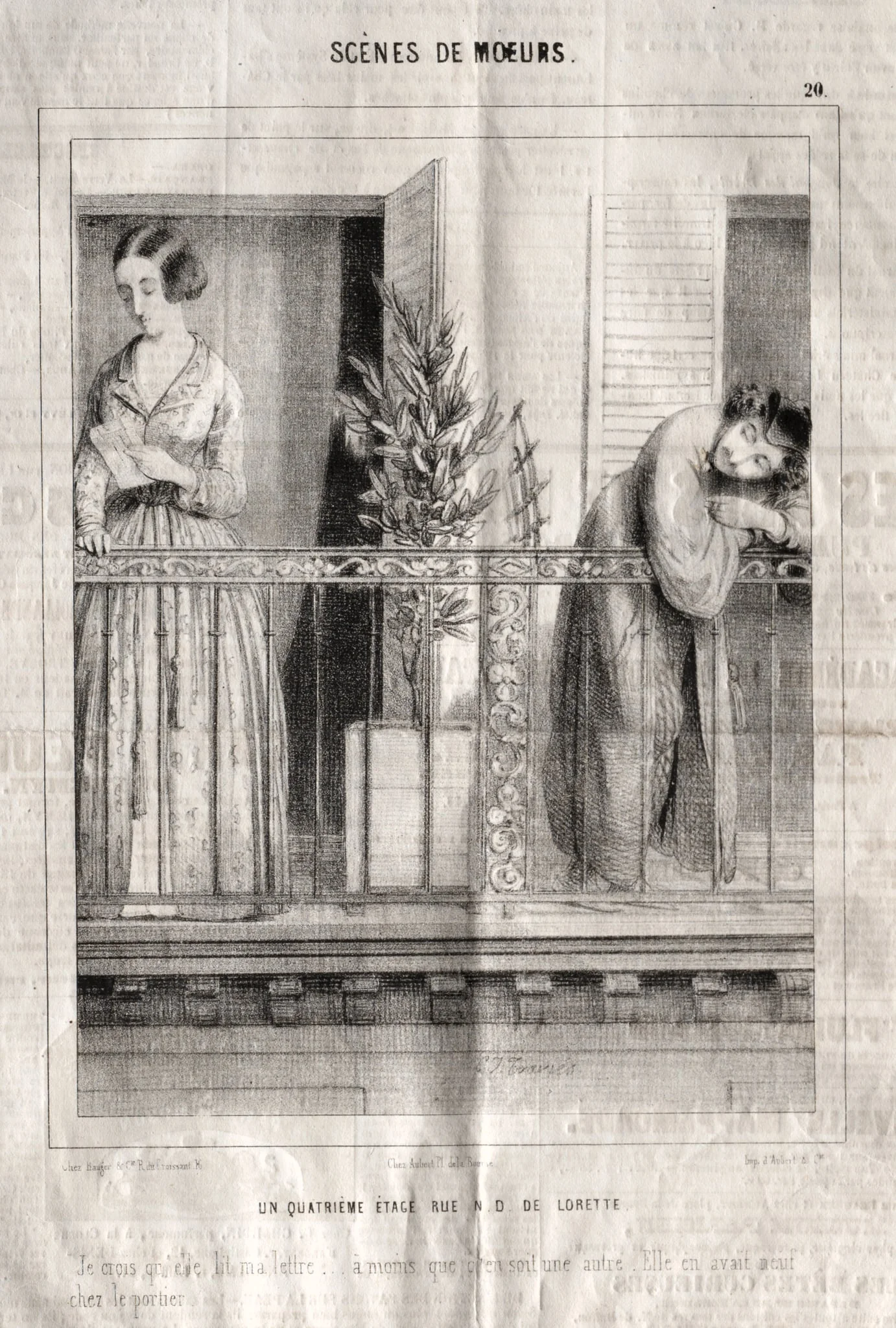 Scènes de moeurs:  Un quatrieme étage rue N. D. de Lorette.  Je crois qu'elle lit ma lettre...à moins que c'en soit une autre.  Elle en avait neuf chez le portier