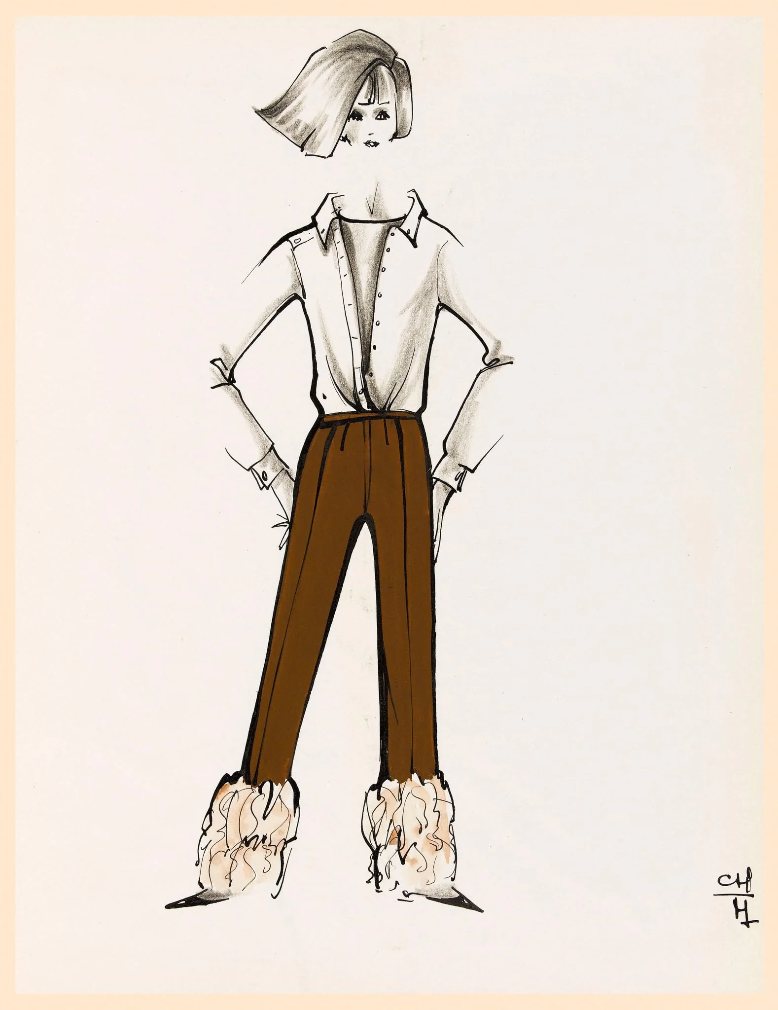 Pantalon marron avec fourrure blanche au bas de la jambe, by Carven, 1963