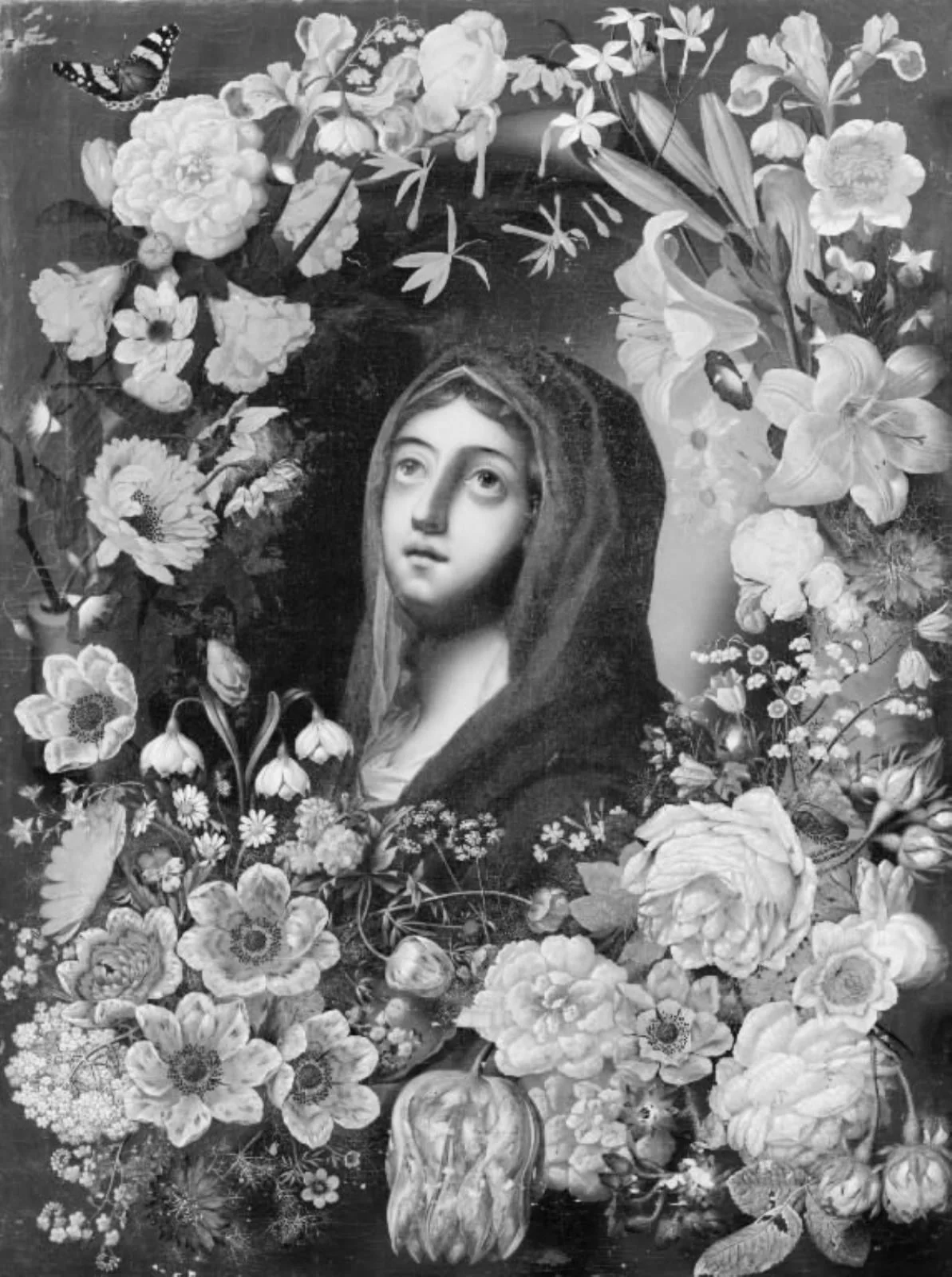 Jomfru Maria med et blåt slør, ses i en blomsterkrans, by Unknown, 1750