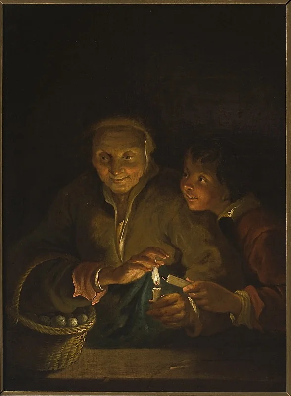 Old woman and a boy with a candle, by Unknown, oil