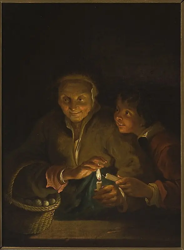 Old woman and a boy with a candle