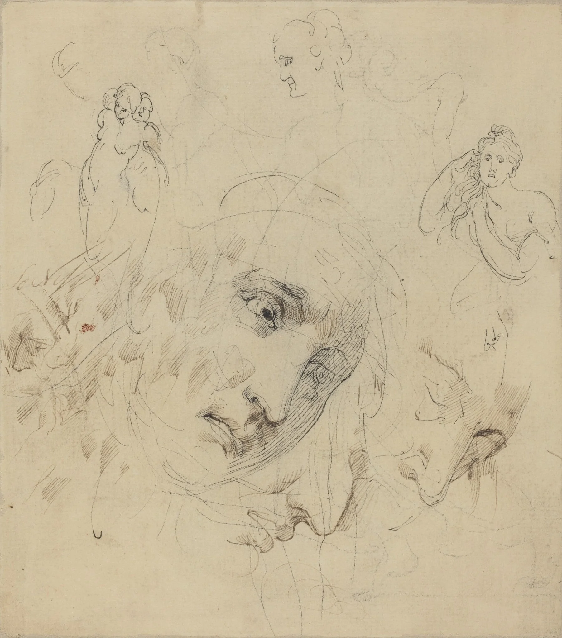Studies with Central Female Face, by John Hamilton Mortimer, chalk, 1760