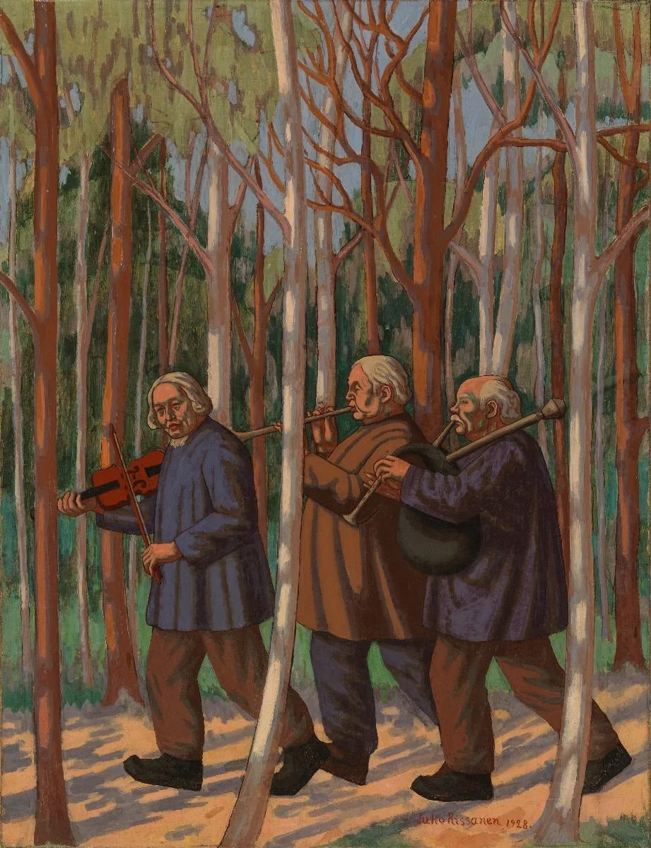 Kolme soittajaa, osaluonnos kansallisteatterin Helkajuhlat freskoa varten, by Juho Rissanen, unspecified