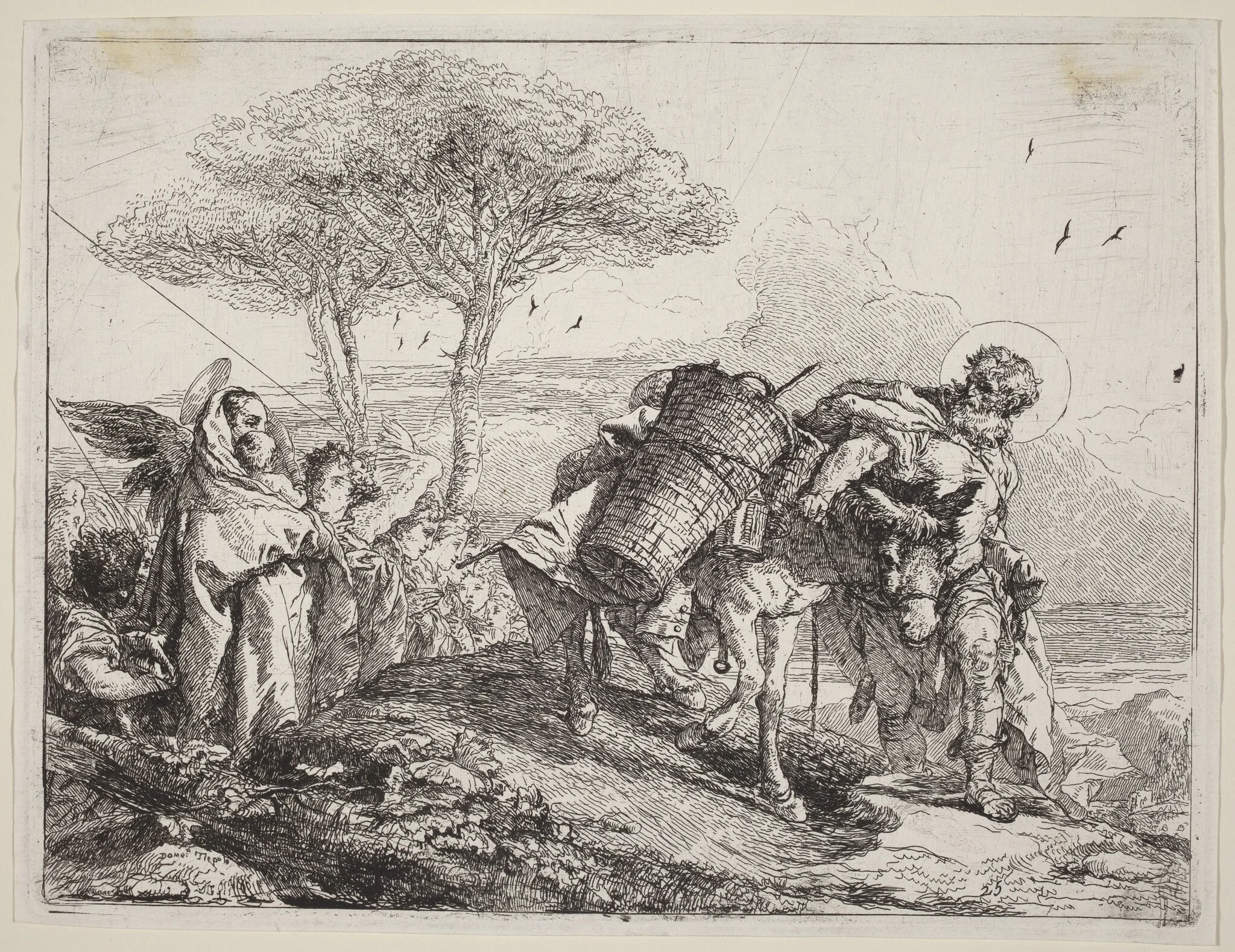 The Madonna and Child at Left, with a File of Angels, by Giovanni Domenico Tiepolo, ink, 1753