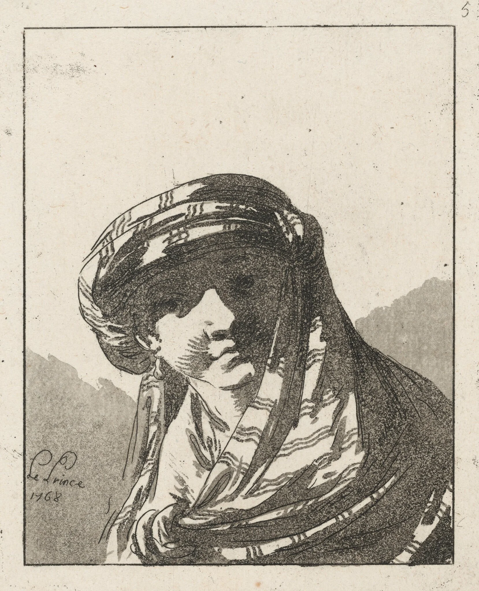 Head of a Young Woman, by Jean-Baptiste Le Prince, ink, 1768
