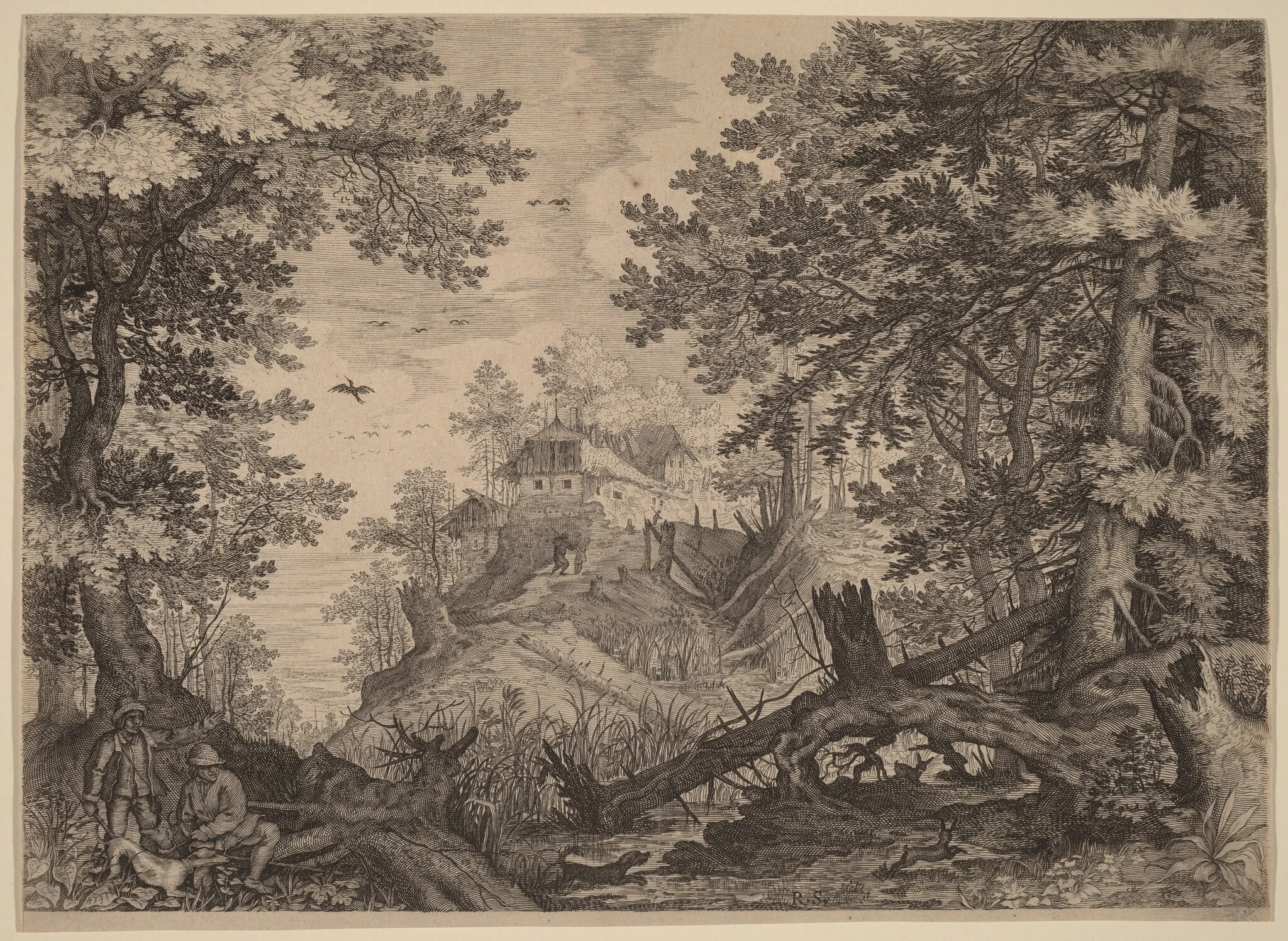 Woodland Scene with Two Hunters and a Dog to the Left, by Aegidius Sadeler II, ink, 1609