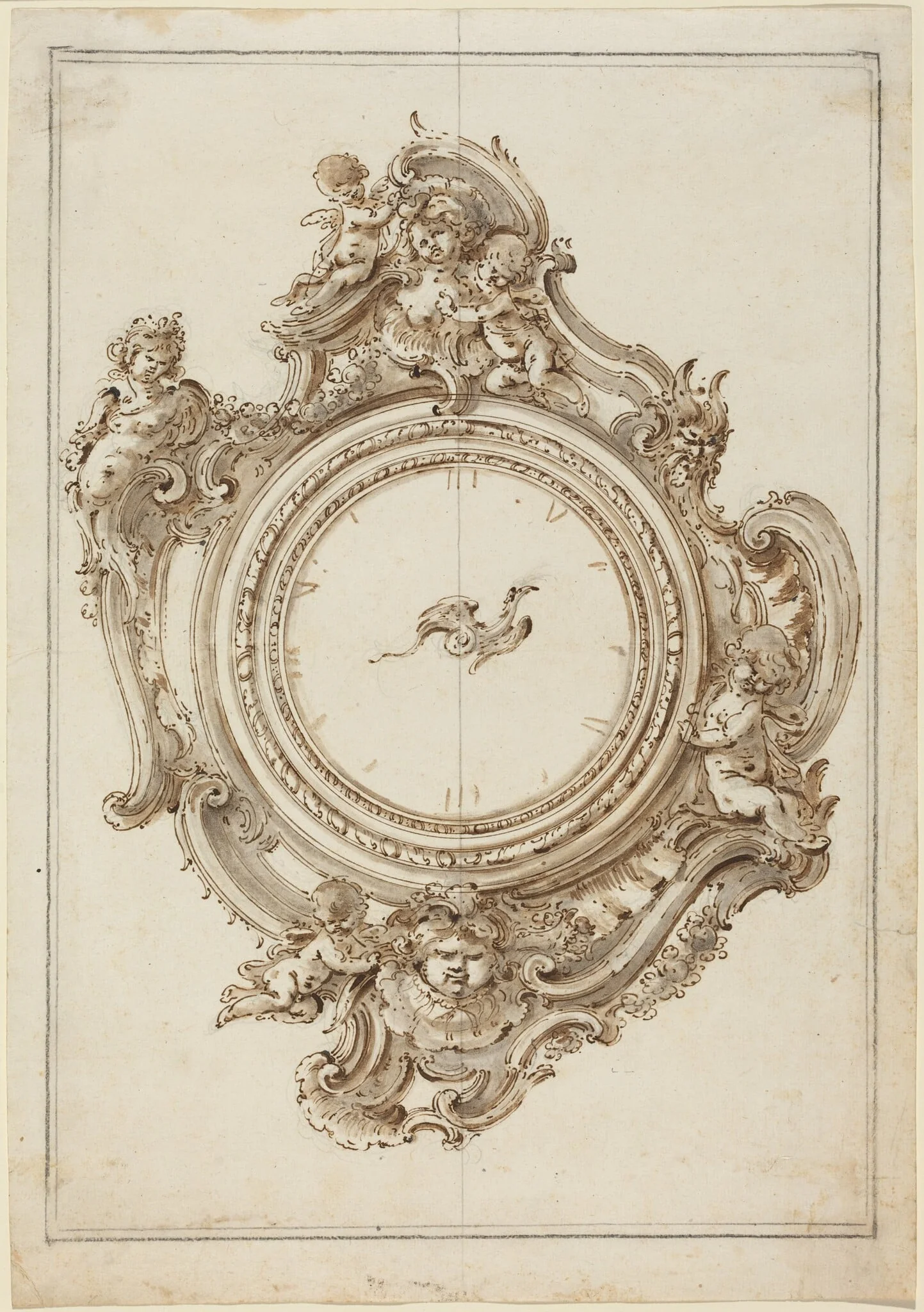 A Rococo Clock with Sirens, Putti, Masks, and a Bird of Paradise Pointer, by Giovanni Bettati, ink, 1738