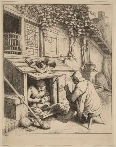 Smoker on a Stool Conversing with a Cobbler at Work