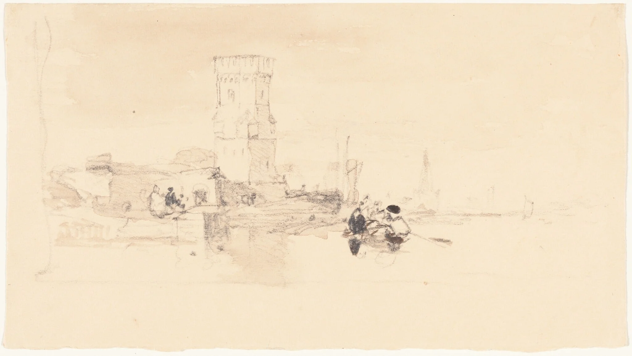 Tower Overlooking Water, by William James Müller, graphite, 1801