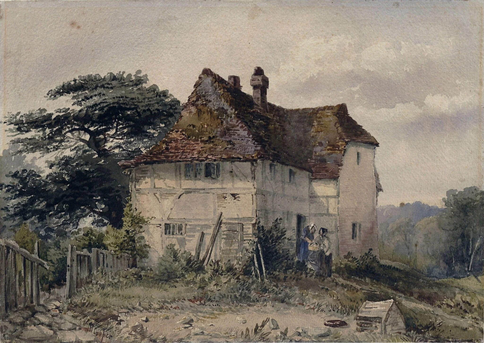 Landscape with cottage, by Robert Cooper, watercolor, 1860