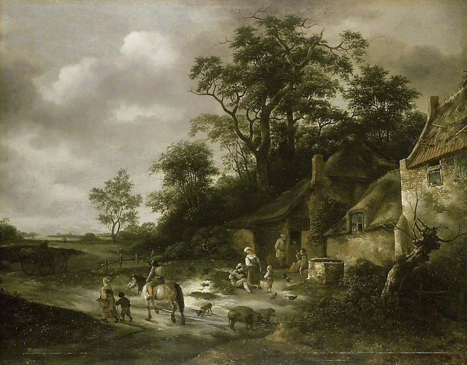 Landscape with Cottages and Peasants, by Isaac van Ostade, oil, 1644