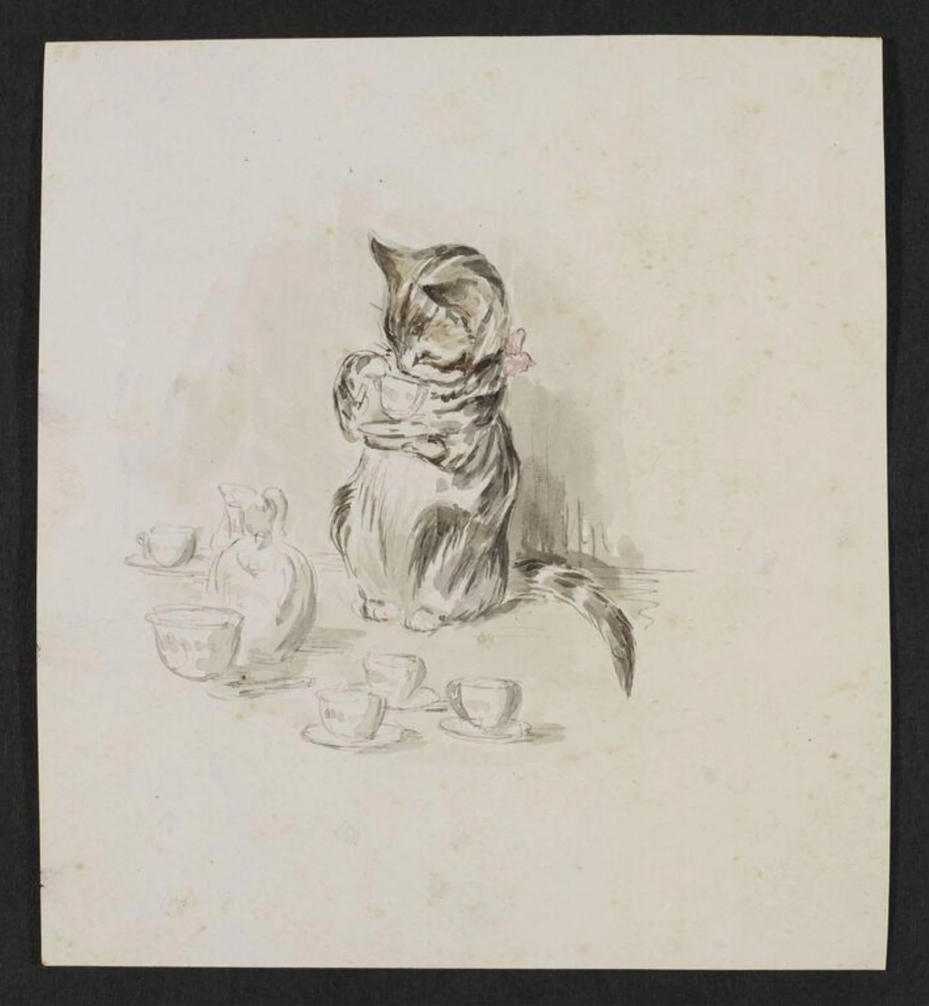 A cat drinking from a cup and saucer, by Beatrix Potter, watercolor, 1894