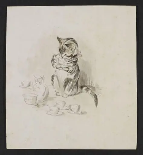 A cat drinking from a cup and saucer