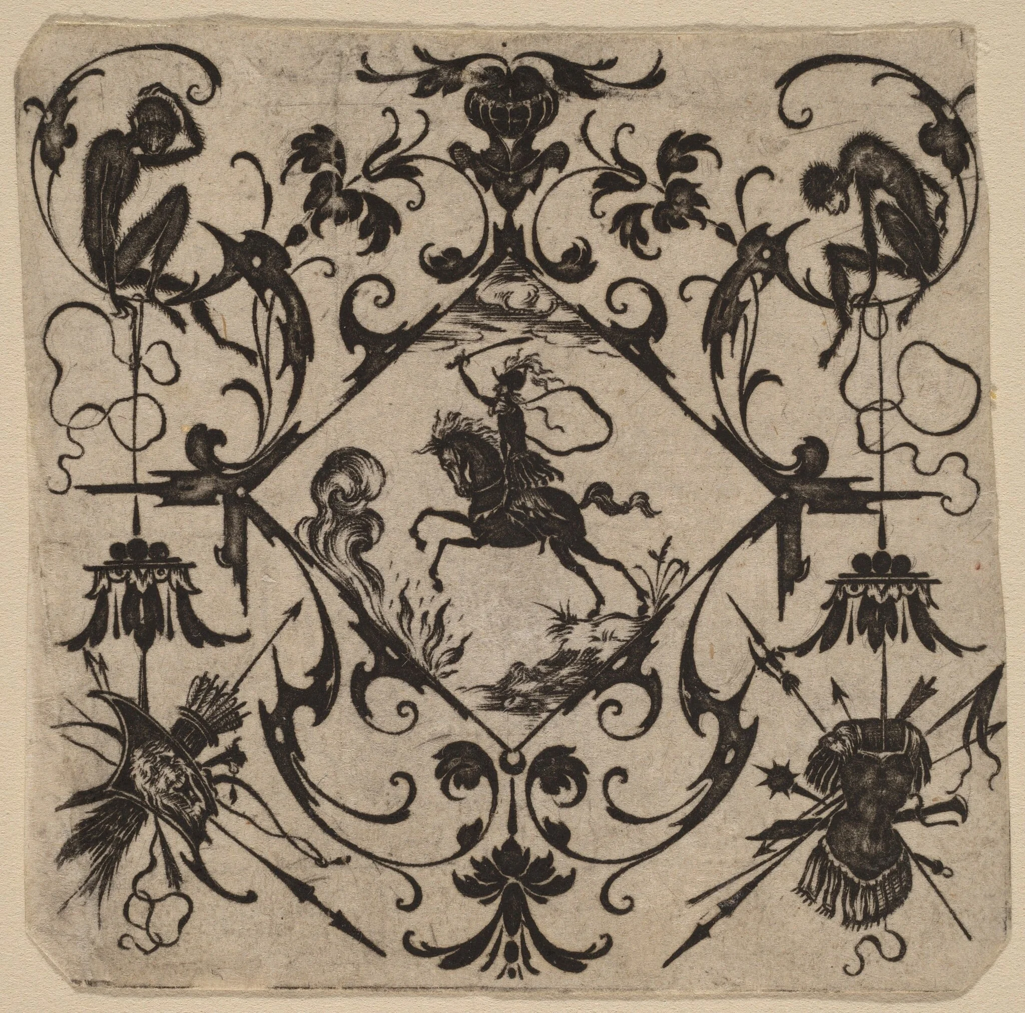 Ornament with Grotesque, by Master CR, ink, 1616