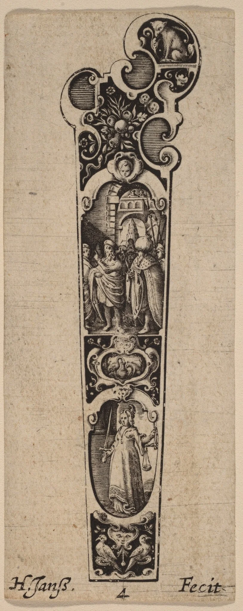 Handle for Knife or Fork, Ornamented with Figures, by Hans Janssen, ink, 1645