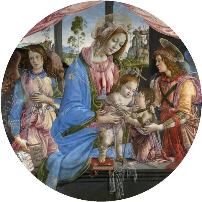 Virgin and Child with the Child Baptist and Two Angels, by Raffaellino del Garbo, tempera, 1497