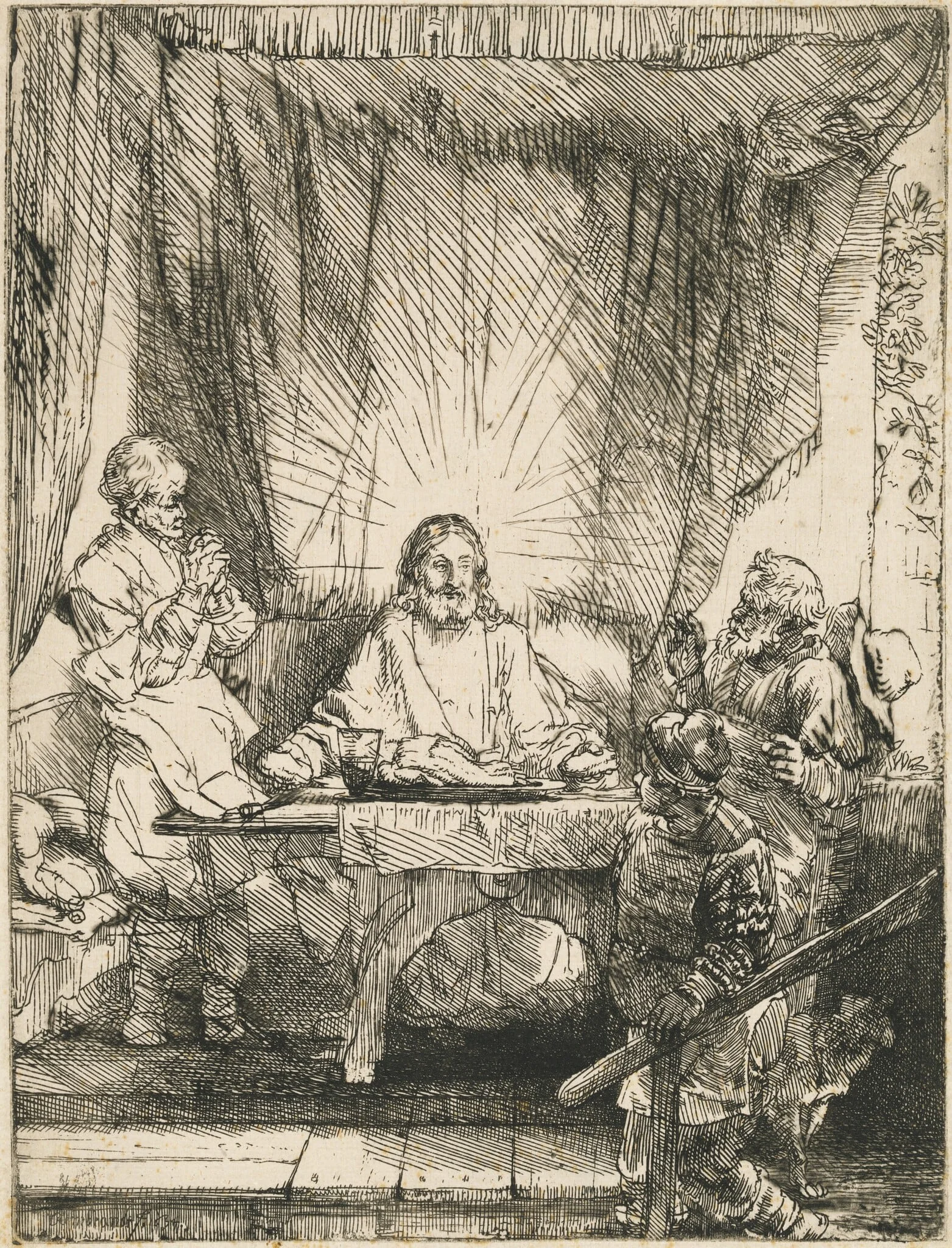 Christ at Emmaus: the Larger Plate, by Rembrandt, ink, 1654