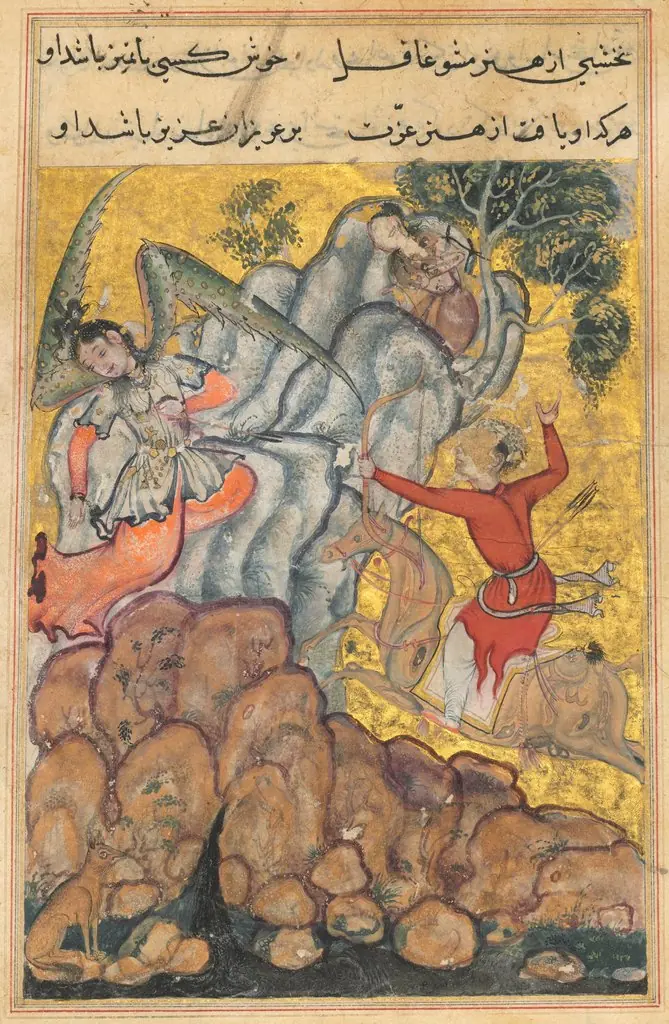 The third suitor, who is an archer, shoots the wicked fairy who has imprisoned Zuhra. He rides on a magic horse prepared by the second suitor and is led to the spot by the divining prowess of the first, from a Tuti-nama (Tales of a Parrot): Thirty-fo